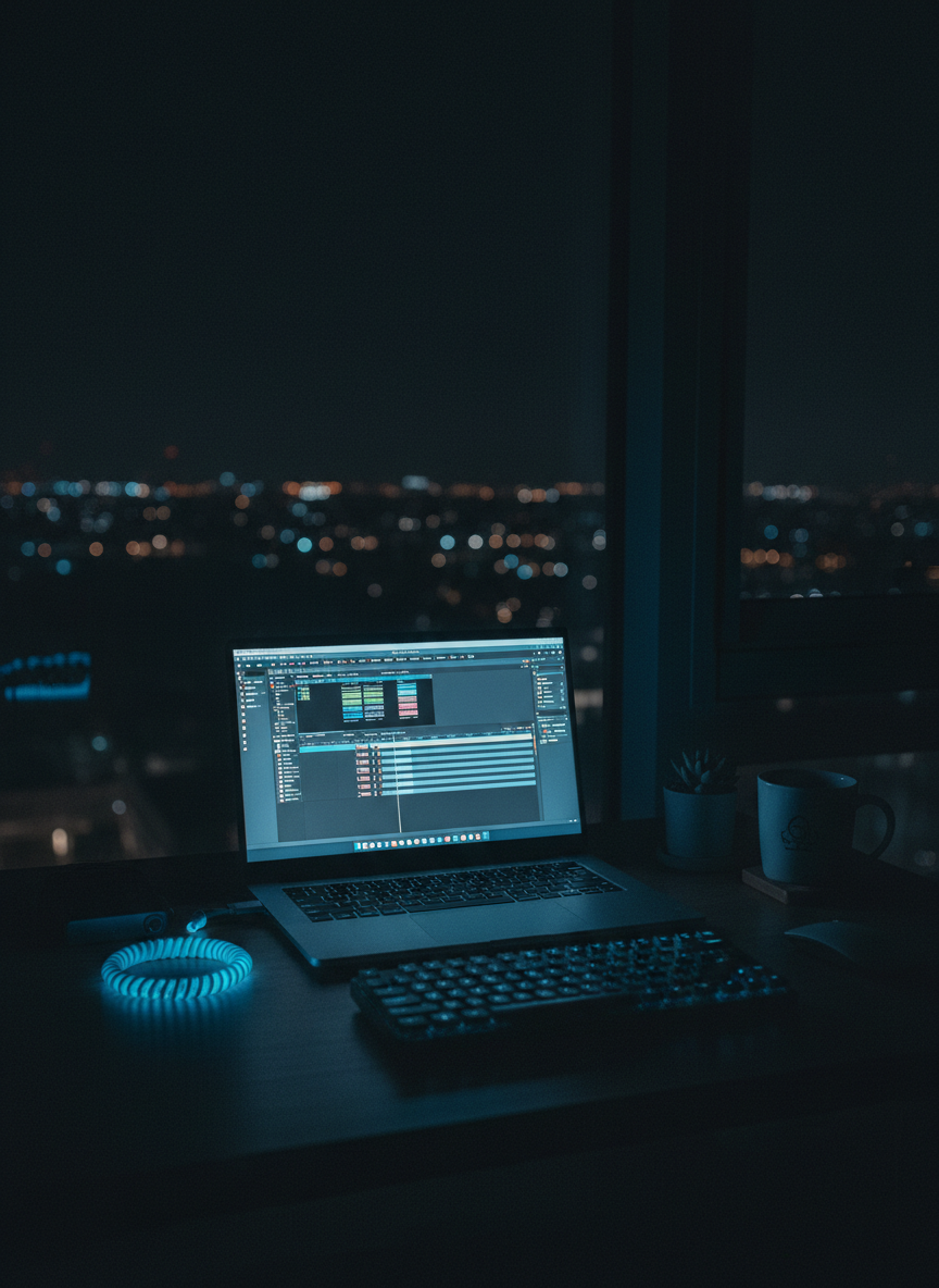 Laptop on a dark desk showing a video timeline with soft blue ambient light